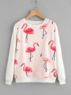 Romwe Flamingo Print Fuzzy Sweatshirt