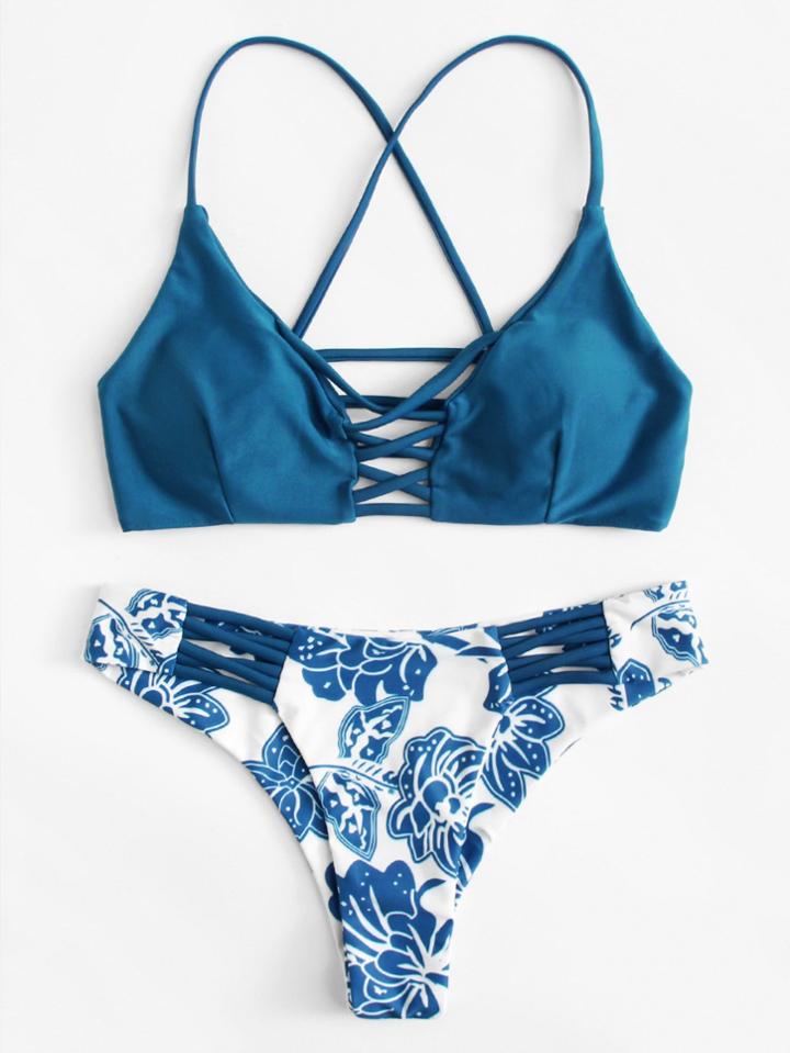 Romwe Criss Cross Floral Bikini Set