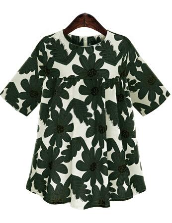Romwe Half Sleeve Sunflower Print Shift Green Dress