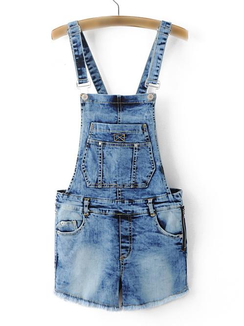 Romwe Blue Adjustable Strap Raw-edge Hem Denim Overalls