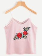 Romwe V Neckline Floral Embroidered Patch Cami Top