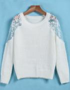 Romwe White Contrast Hollow Lace Long Sleeve Mohair Sweater
