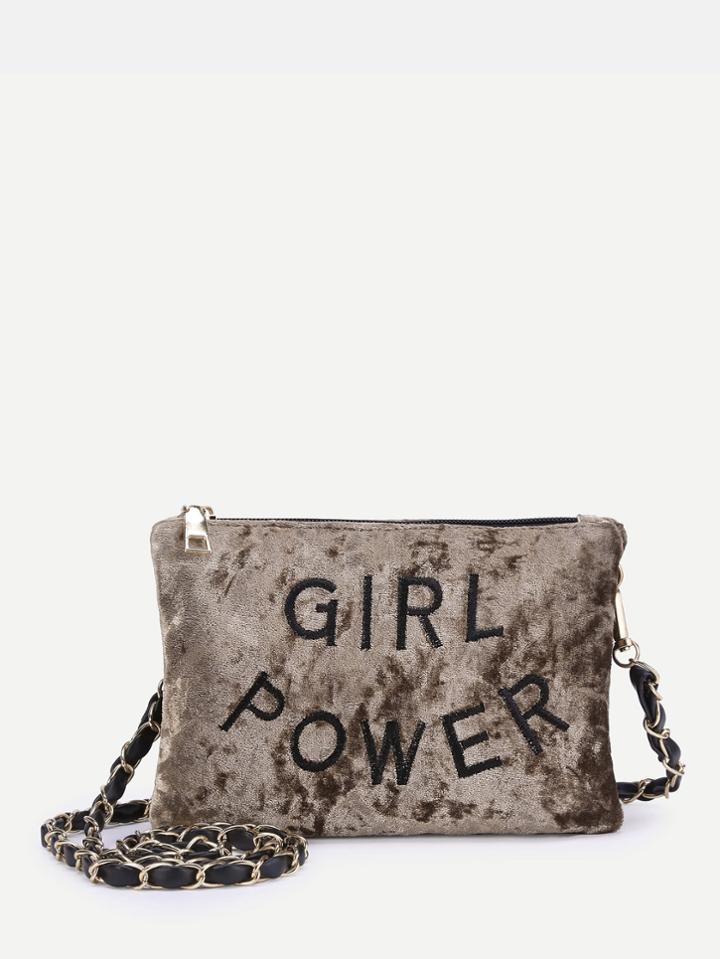 Romwe Letter Embroidered Velvet Crossbody Bag