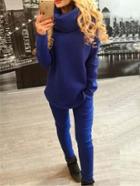 Romwe Turtleneck Thicken Top With Elastic Waist Royal Blue Pant