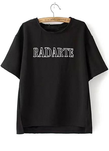 Romwe Dip Hem With Split Letter Print Black T-shirt