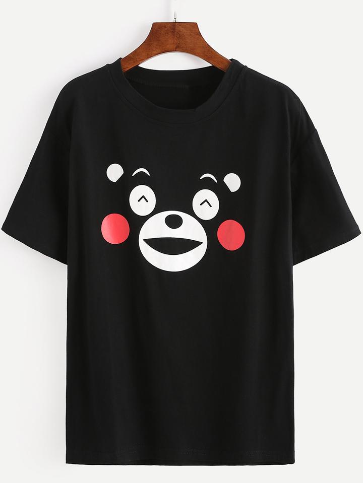 Romwe Bear Print Drop Shoulder T-shirt - Black