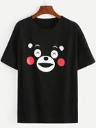 Romwe Bear Print Drop Shoulder T-shirt - Black