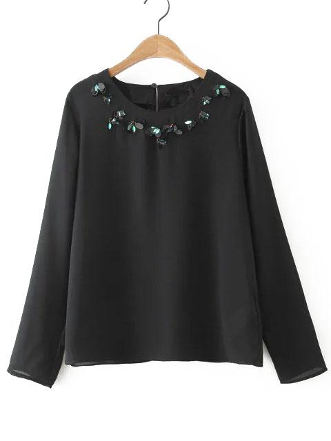 Romwe Black Flower Applique Long Sleeve Blouse