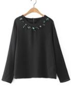 Romwe Black Flower Applique Long Sleeve Blouse