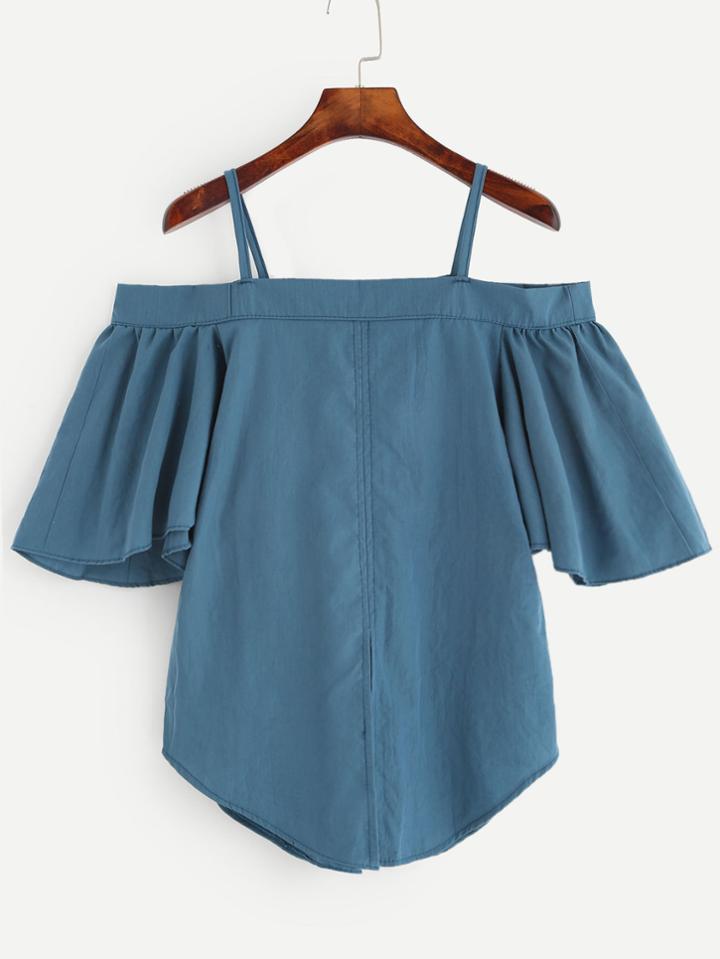 Romwe Blue Cold Shoulder Ruffle Sleeve Blouse