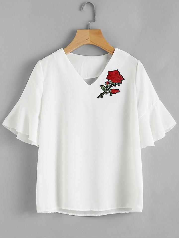 Romwe V Neckline Frill Sleeve Embroidered Blouse