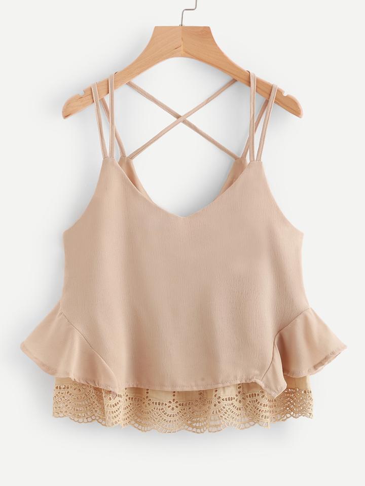 Romwe Eyelet Embroidered Lace Hem Strappy Cami Top