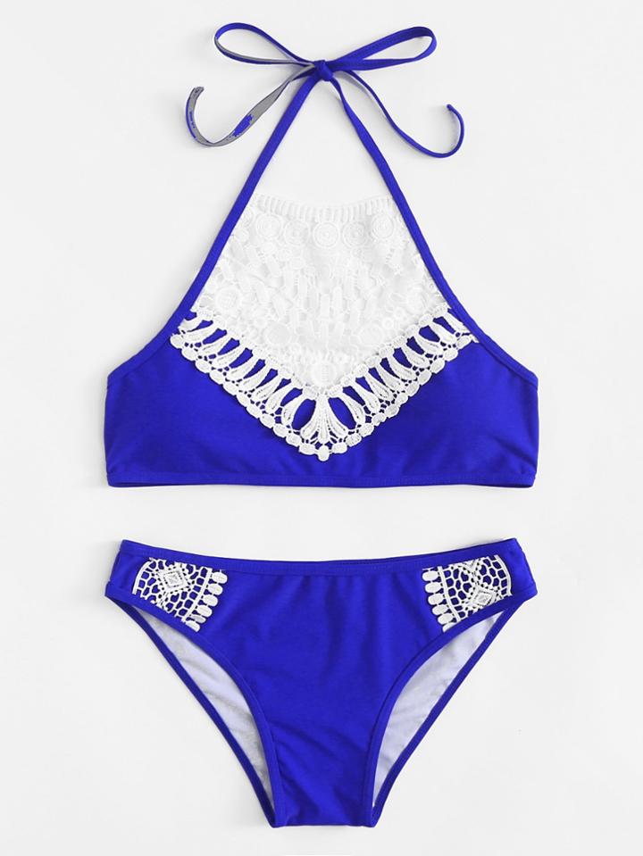Romwe Crochet Lace High Neck Bikini Set