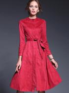 Romwe Red Round Neck Long Sleeve Tie-waist Dress