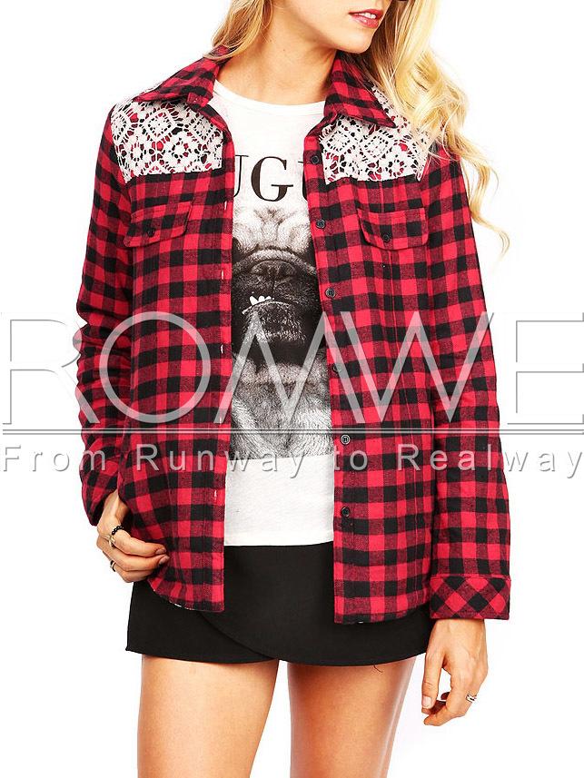 Romwe Red Black Plaid Contrast Lace Embroidered Pockets Blouse