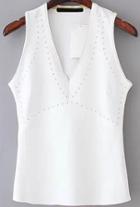 Romwe Deep Plunge Neck With Rivet White Vest