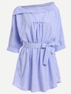 Romwe Self-tie Fold Collar Vertical Striped Dress - Blue