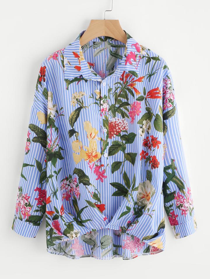 Romwe Mixed Print Box Pleated Gathered Hem Blouse