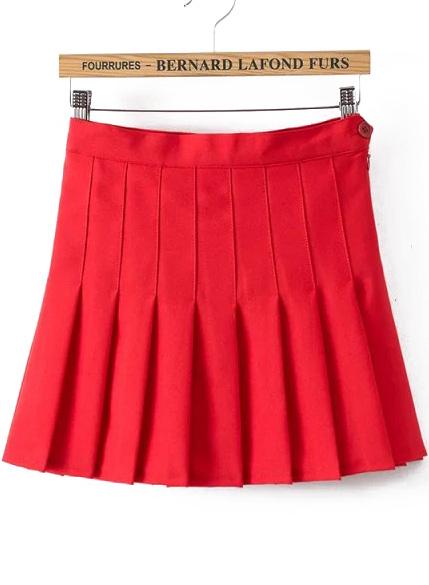 Romwe With Button Pleated Red Skirt