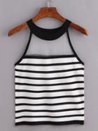 Romwe Sheer Halter Neck Black White Striped Knitted Top