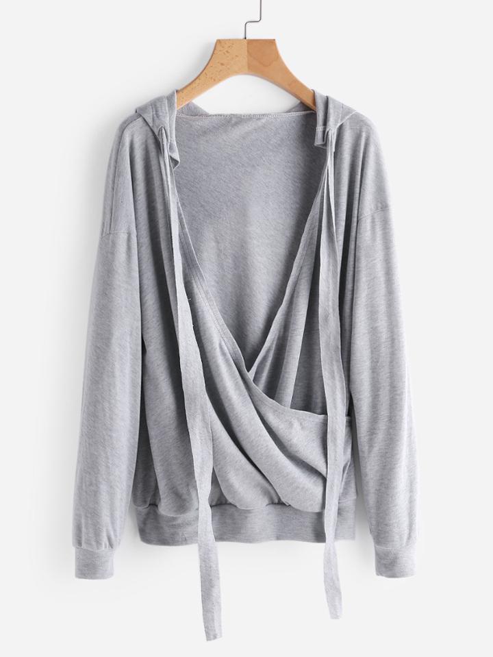 Romwe Drop Shoulder Surplice Marled Hoodie