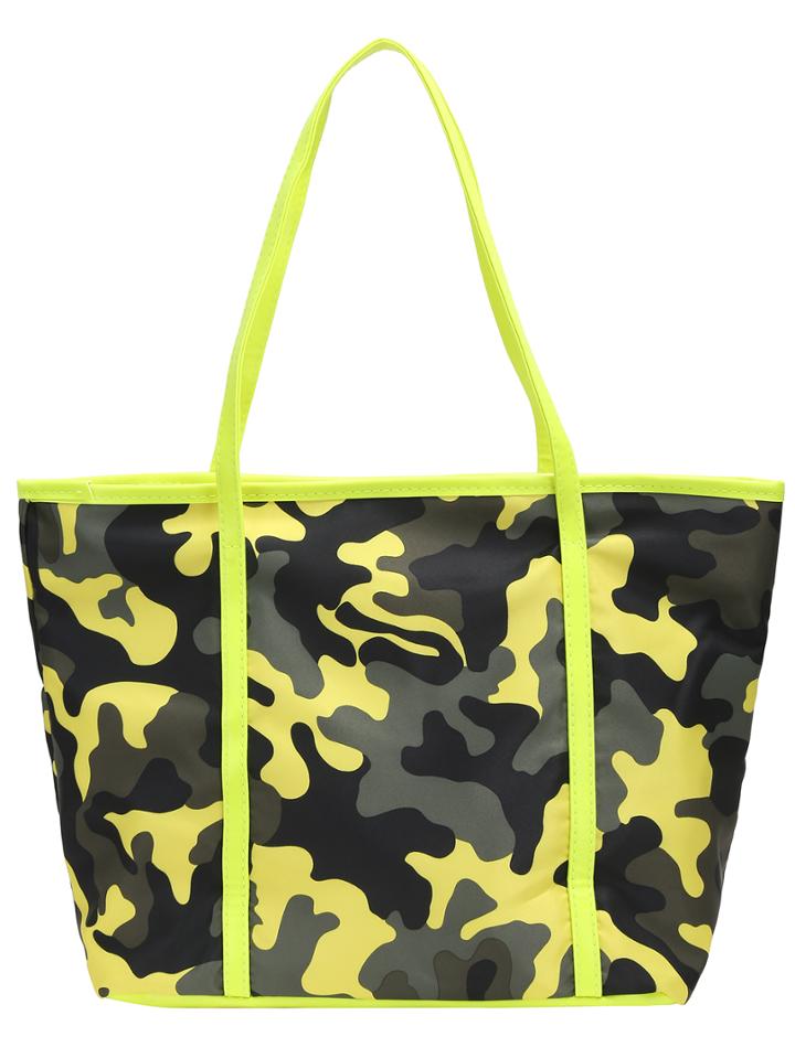 Romwe Pu Camouflage Print Fluorescent Yellow Strap Tote Bag