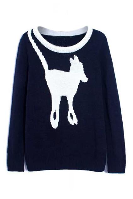 Romwe Fox Knitted Navy Blue Jumper