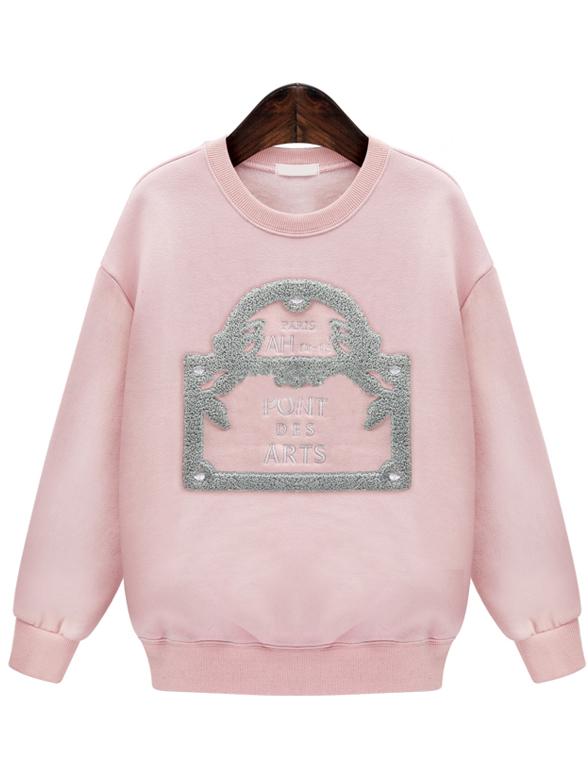 Romwe Letter Embroidered Loose Pink Sweatshirt