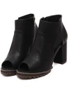 Romwe Black Peep Toe Side Zipper Chunky Heel Punps