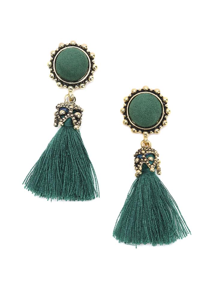 Romwe Gold Metal Green Tassel Earrings