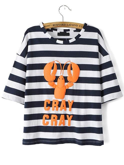 Romwe Lobster Print Striped Navy And White T-shirt
