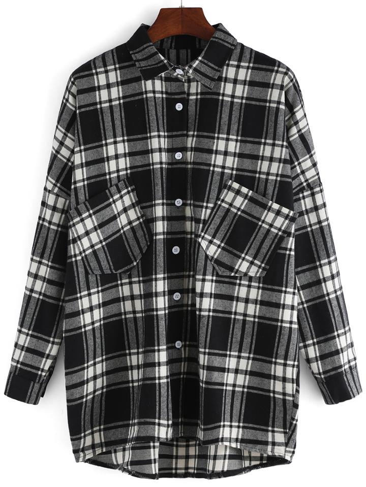 Romwe Lapel Plaid High Low Pockets Black Blouse