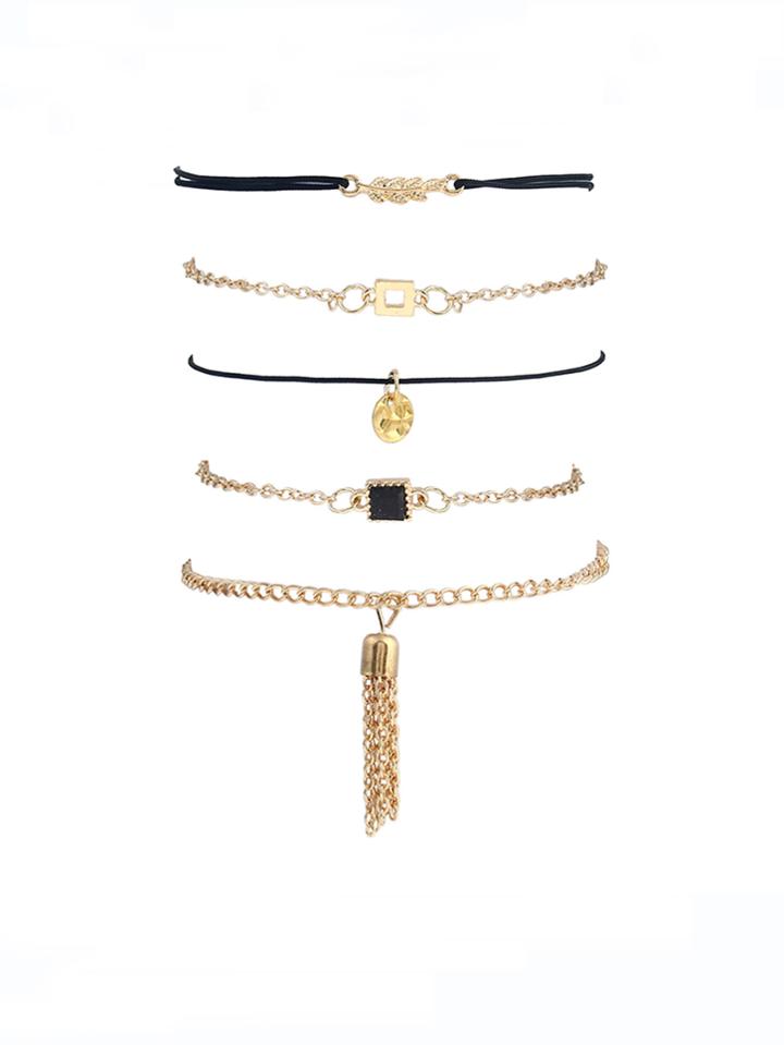 Romwe Gold Plated Multi Shape Chain Bracelet Set
