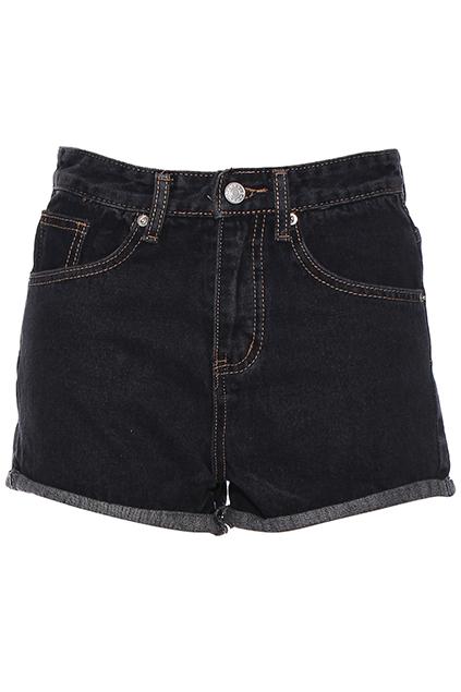 Romwe Rolled Cuff Denim Shorts-black