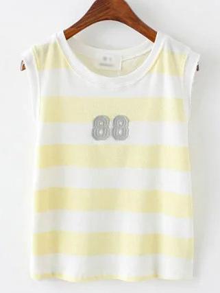 Romwe Yellow Stripe Applique Tank Top