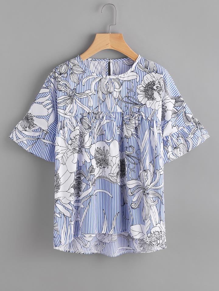 Romwe Random Florals Striped Frill Cuff Dip Hem Blouse