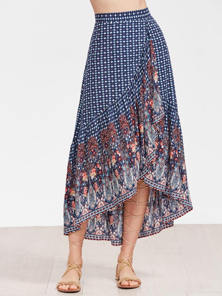 Romwe Blue Ornate Print High Low Ruffle Skirt