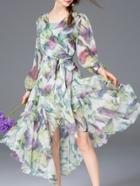 Romwe Multicolor V Neck Floral Tie-waist Asymmetric Dress