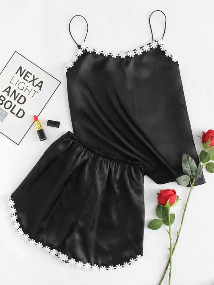 Romwe Crochet Lace Trim Satin Top & Shorts