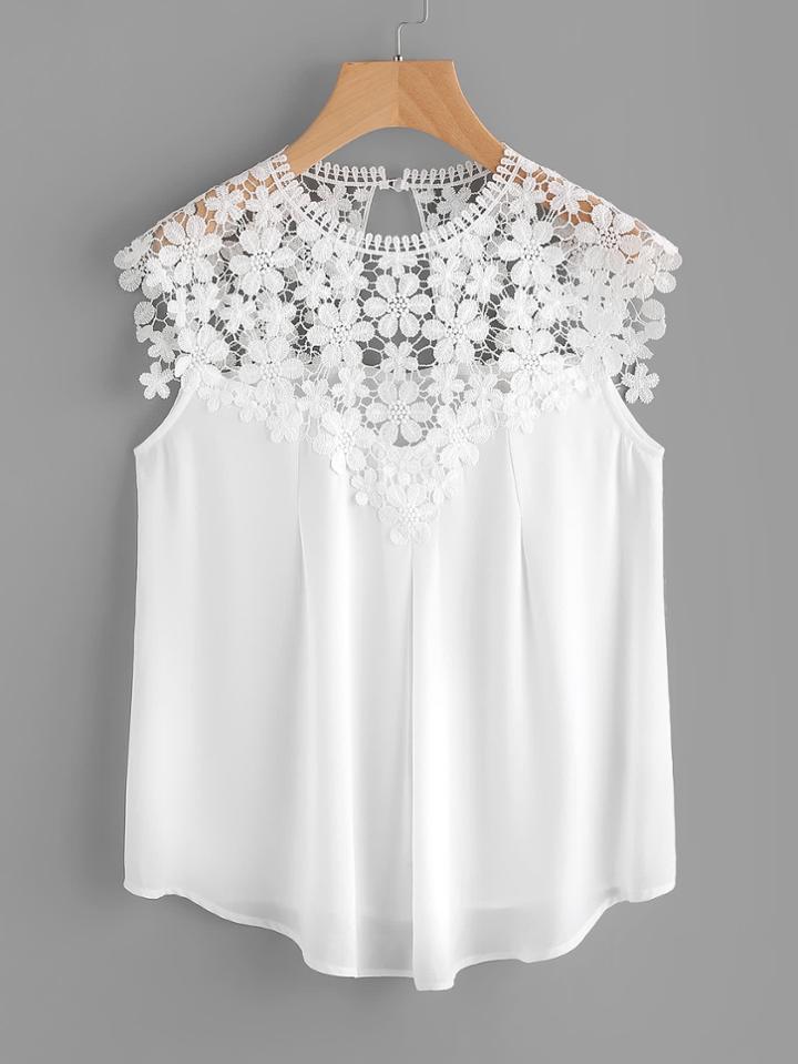 Romwe Keyhole Back Daisy Lace Shoulder Shell Top