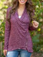Romwe Burgundy Cowl Neck Zipper T-shirt