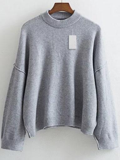 Romwe Grey Crew Neck Drop Shoulder Ribbed Trim Sweater