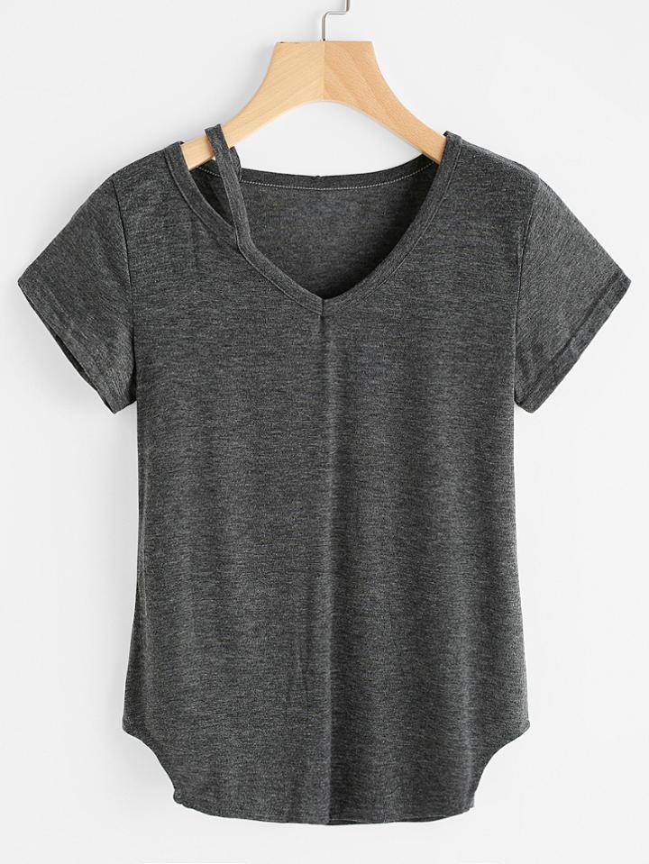 Romwe Cut Out V Neckline Curved Hem Tee