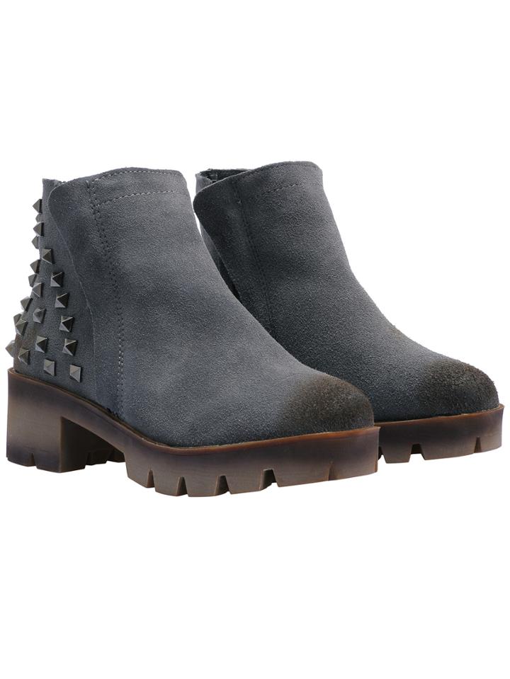 Romwe Grey Brush Round Toe Studded Zipper Boots