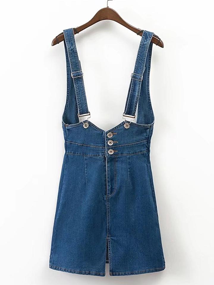 Romwe Split Front Denim Overall Dress