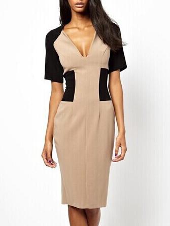Romwe Deep V Neck Color-block Slit Pencil Dress
