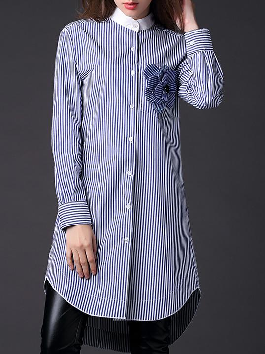 Romwe Blue High Low Flower Pocket Striped Shirt Dress