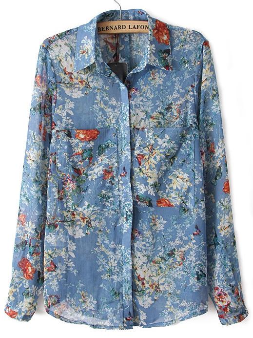 Romwe Florals Butterfly Print Blouse With Pockets