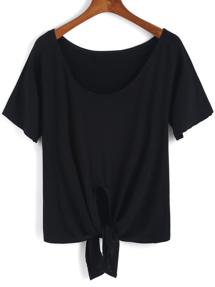 Romwe Scoop Neck Knotted T-shirt