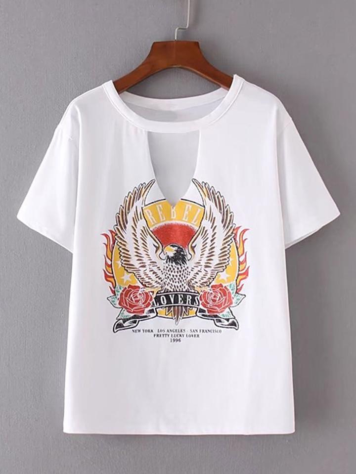 Romwe V Cut Eagle Print Tee